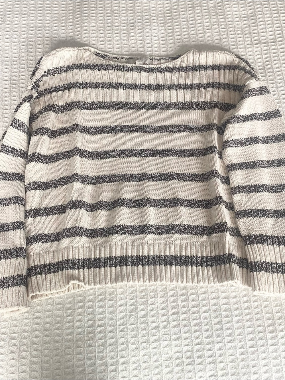 LOFT Cream and Gray Striped Crewneck Sweater